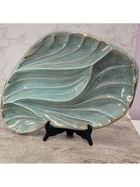 Vintage Other - Mid Century Modern California Pottery Turquoise & Gold Leaf Divided Relish Tray